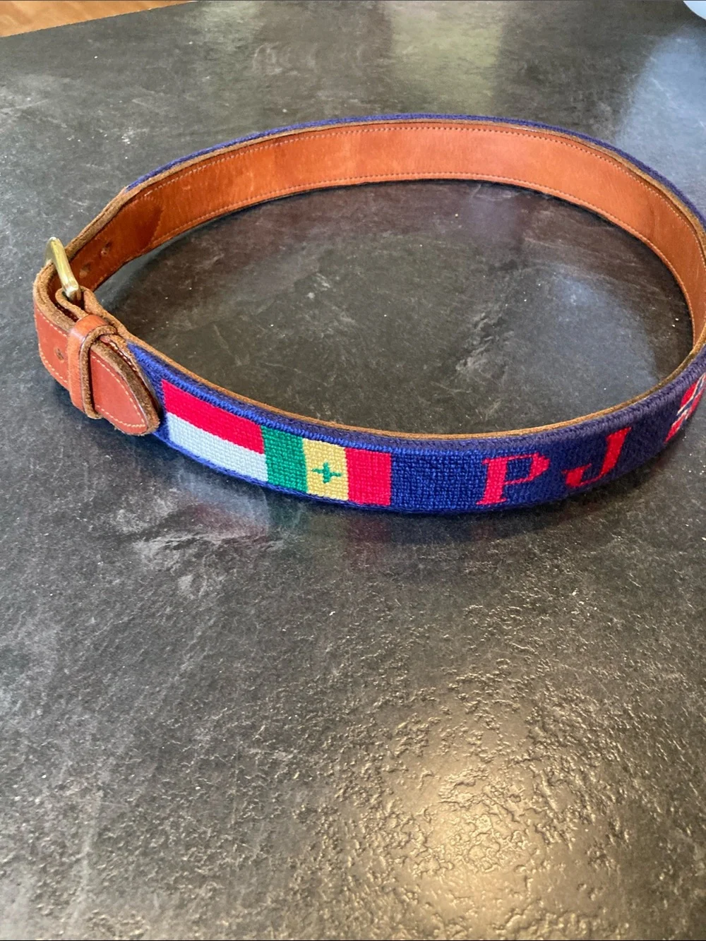 Men Dan Lace PJ Olympic flags needlepoint leather belt size 32